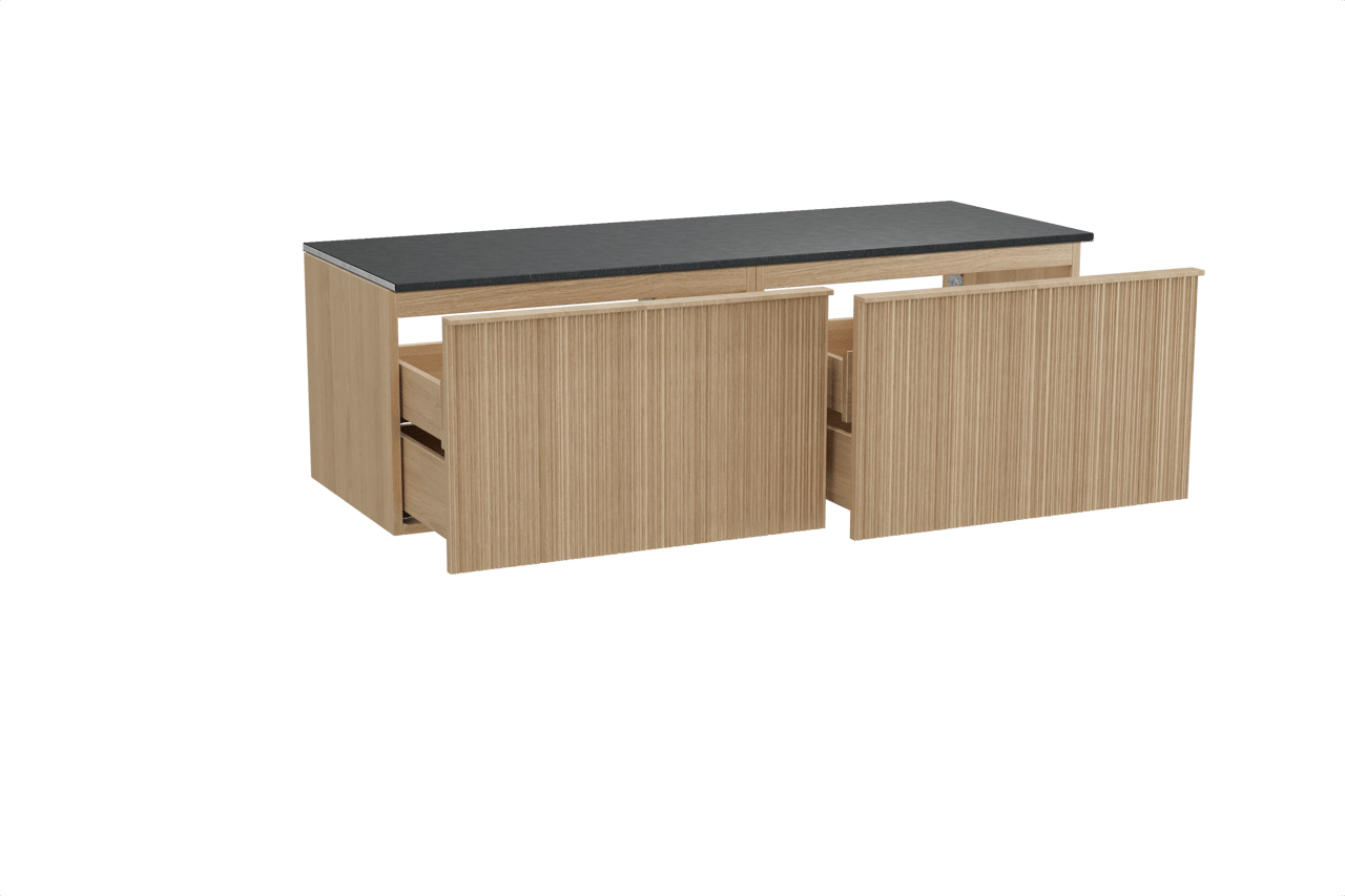 Balmani Forma zwevend badmeubel 150 x 55 cm naturel eiken met Stretto enkel of dubbel wastafelblad in zwart graniet, Verticale asymmetrische ronde ribbel