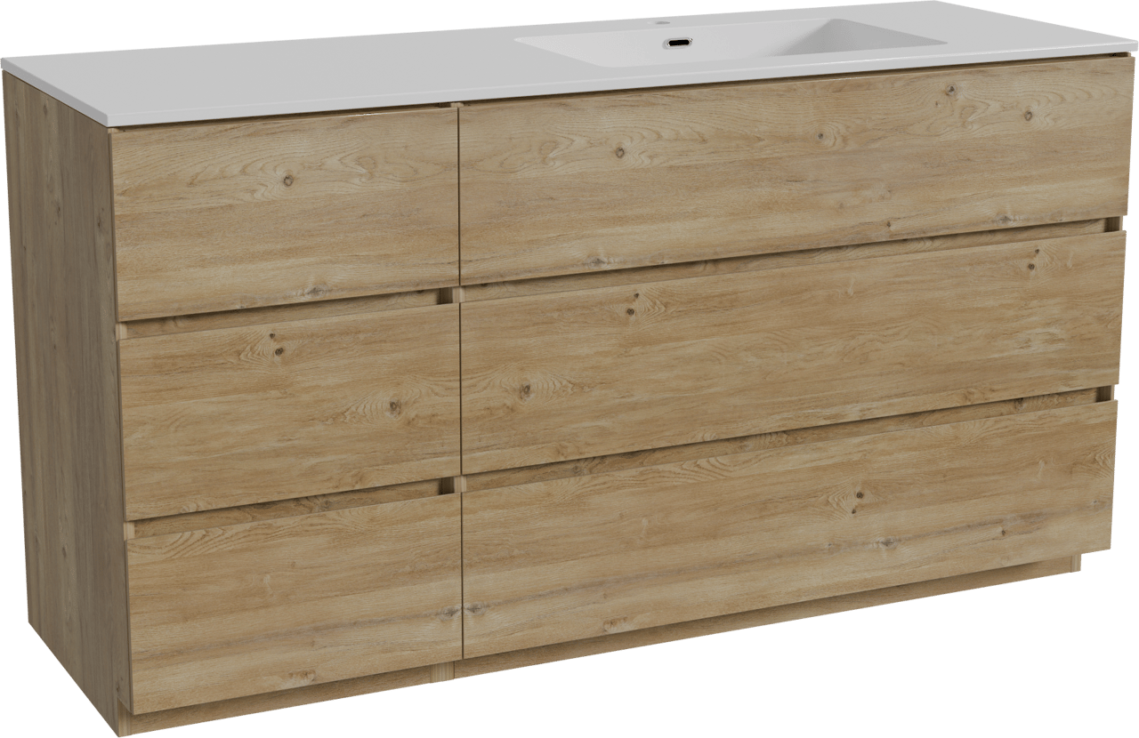 Storke Edge meuble salle de bains à poser 150 x 52 cm chêne brut avec Diva plan vasque asymétrique à droite en marbre composite blanc brillant