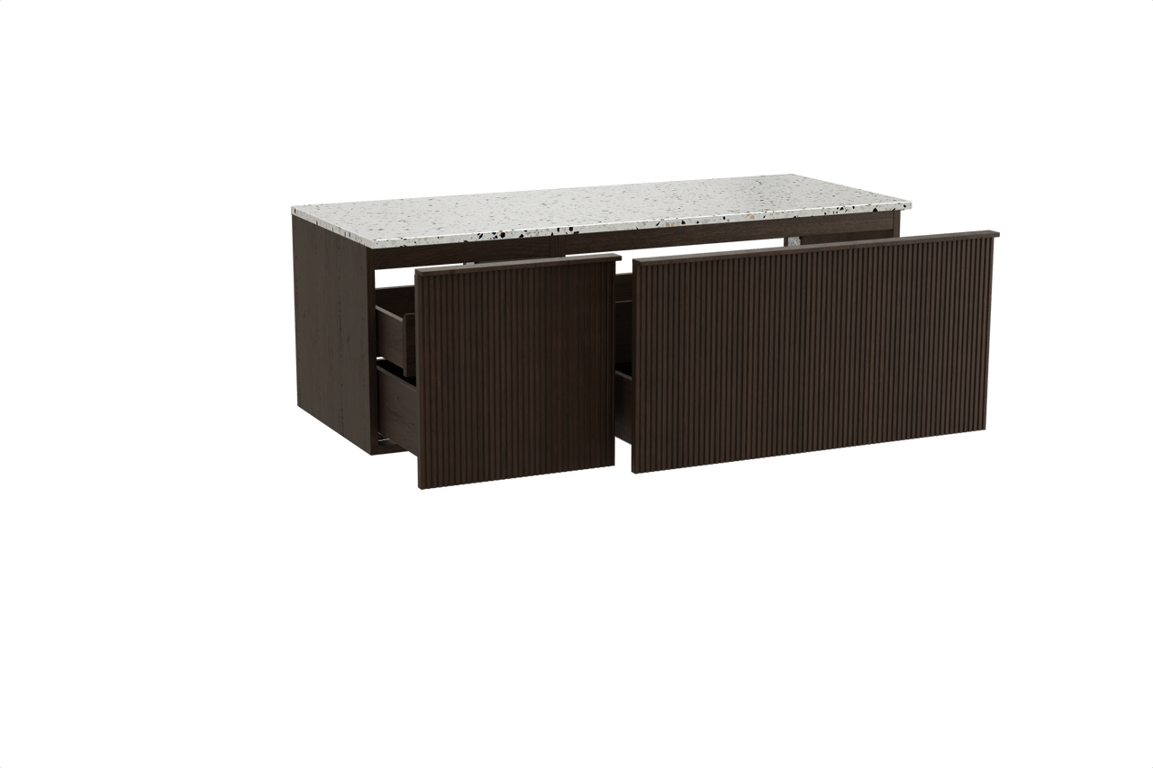 Balmani Forma zwevend badkamermeubel 135 x 55 cm gerookte eik met Stretto enkel of dubbel tablet in mat wit/zwart terrazzo, Verticale symmetrische rechte ribbel
