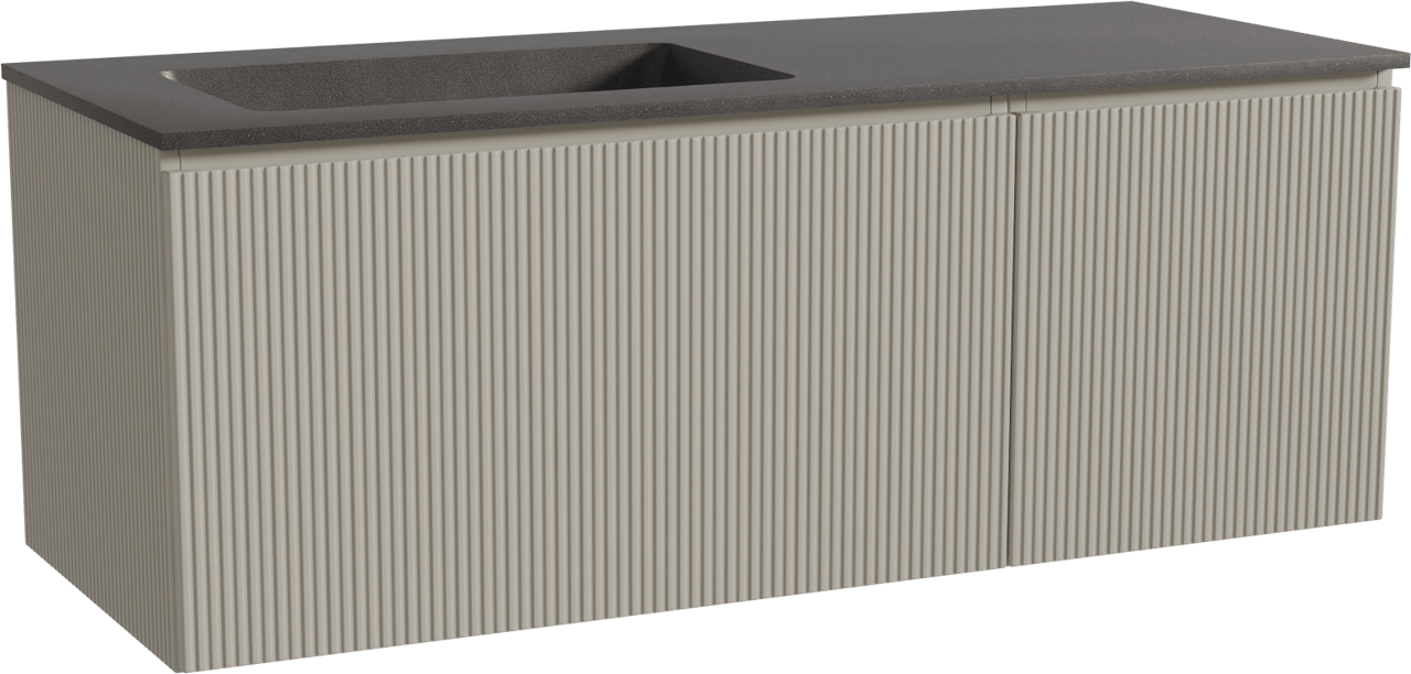 Storke Ribs zwevend badkamermeubel 130 x 52 cm zijdegrijs met Scuro asymmetrisch linkse wastafel in kwarts mat zwart, Verticale symmetrische rechte ribbel