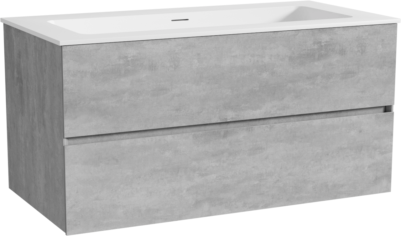 Storke Edge zwevend badkamermeubel 105 x 52 cm beton donkergrijs met Mata enkele wastafel voor 2 kraangaten in solid surface mat wit