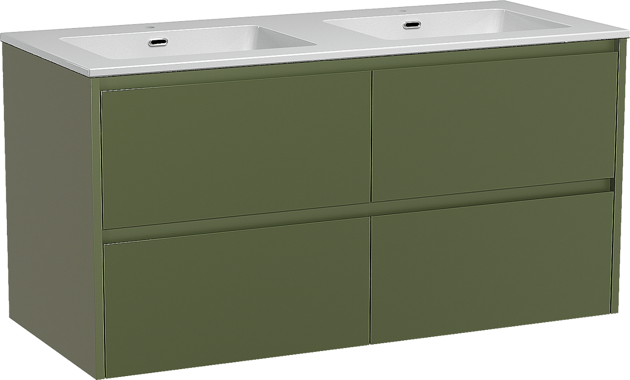 Storke Seda meuble salle de bains suspendu 120 x 52 cm vert olive avec Diva double vasque en marbre composite blanc brillant