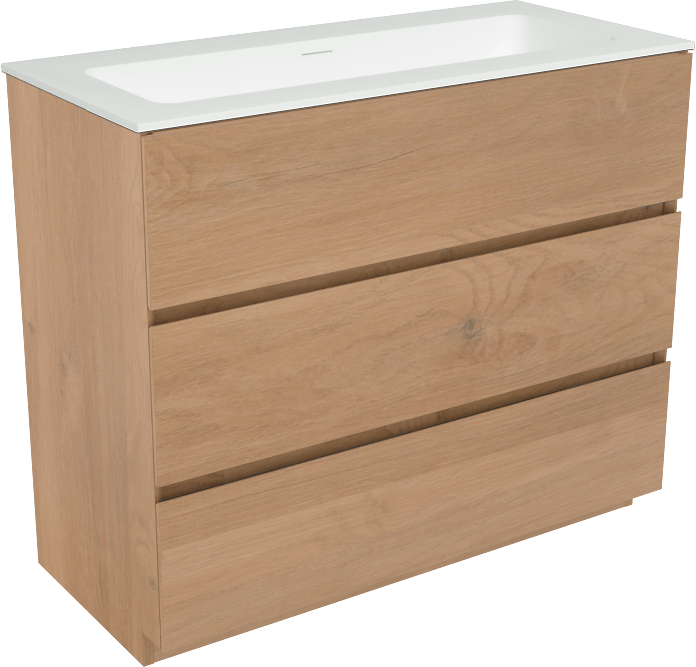 Storke Edge staand badkamermeubel 100 x 46 cm ruwe eik met Mata enkele wastafel in solid surface mat wit