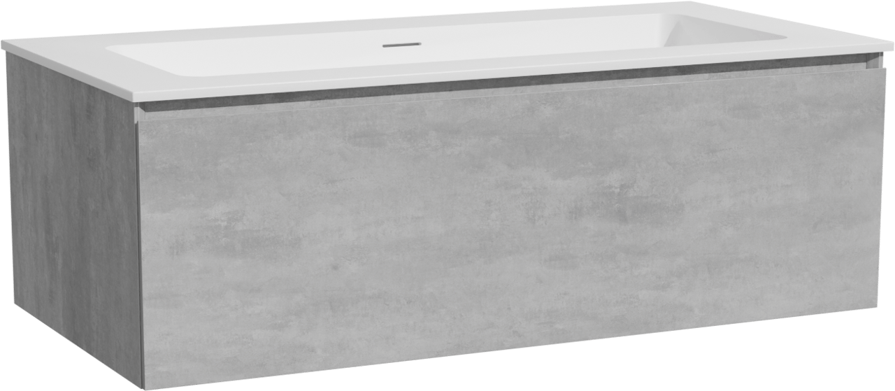 Storke Edge hängendes Möbelstück Set: 105 x 52 cm, Beton dunkelgrau, mit Mata Einzelwaschtisch für 2 Armaturenlöcher, Solid Surface Weiß matt