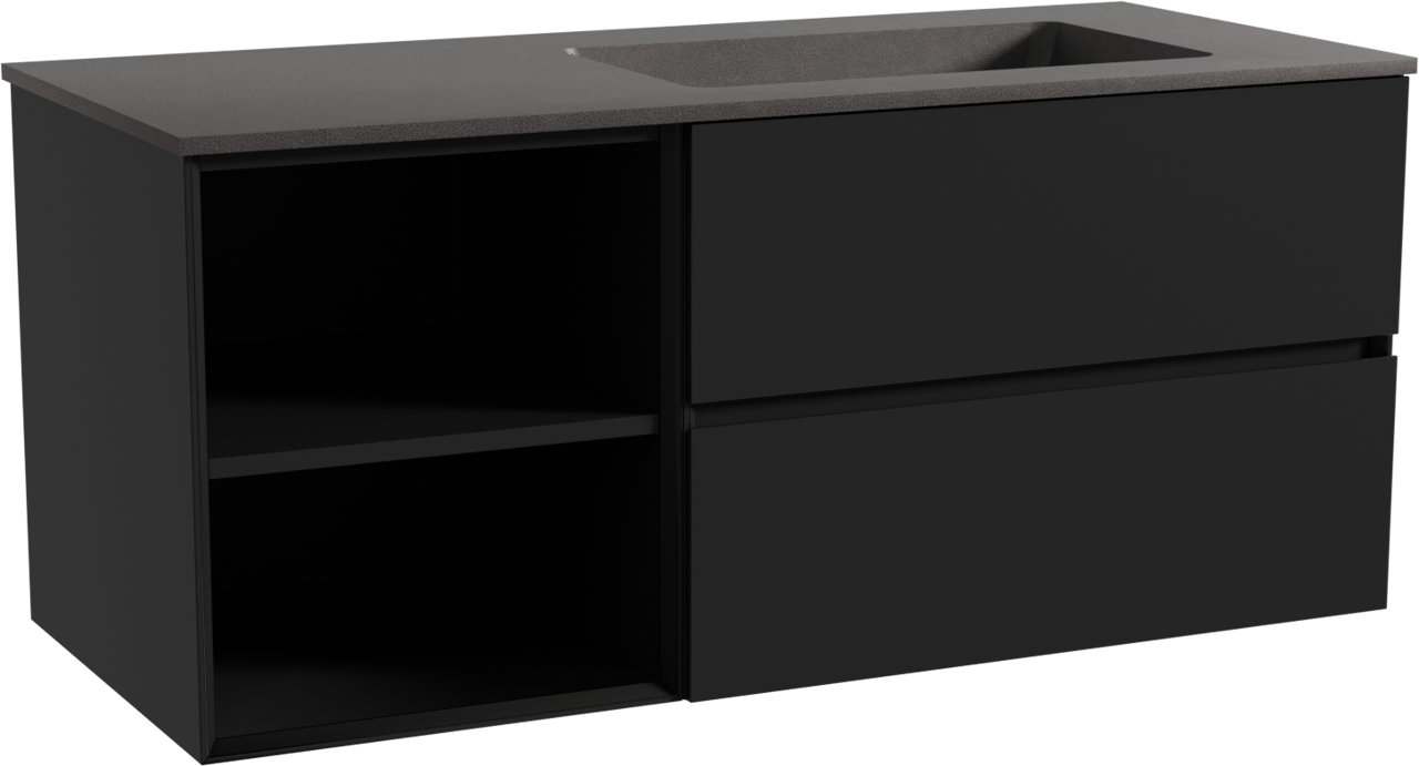 Storke Edge zwevend badmeubel 120 x 52 cm mat zwart met Scuro asymmetrisch rechtse wastafel in kwarts mat zwart