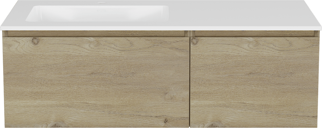Storke Edge meuble salle de bains suspendu 110 x 52 cm chêne brut avec Bilia plan vasque asymétrique à gauche en marbre composite blanc brillant