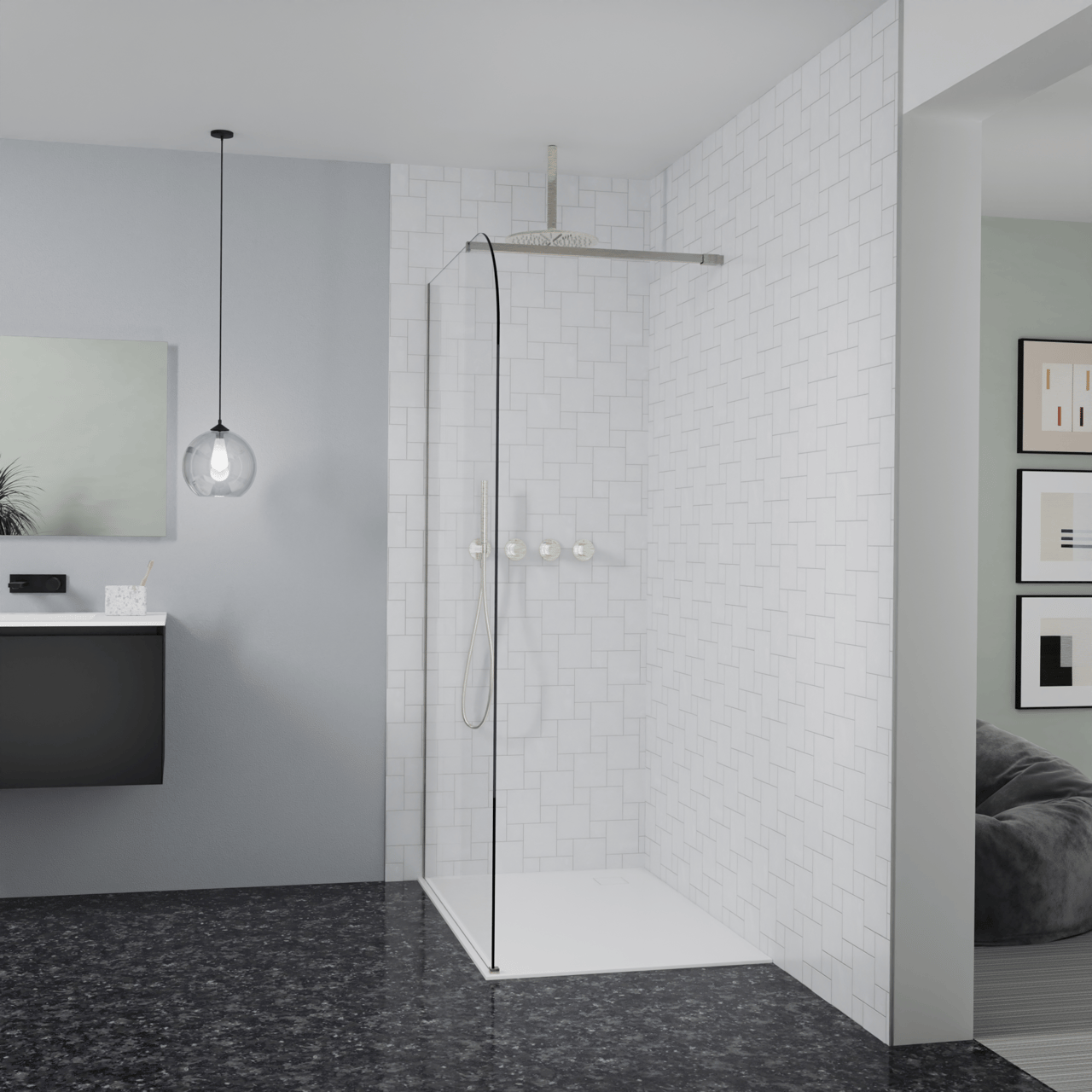 Balmani Modular inloopdouche: 120 x 200 cm, Helder glas afgerond met coating, Brushed CoolMetal profielen