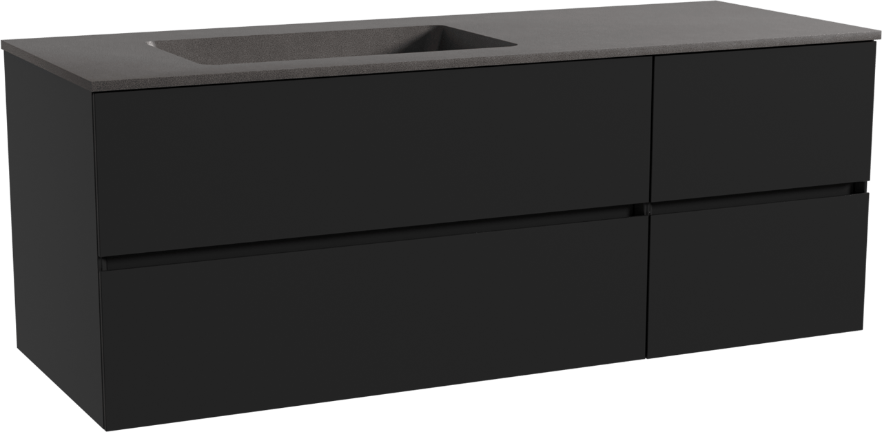 Storke Edge zwevend badmeubel 140 x 52 cm mat zwart met Scuro asymmetrisch linkse wastafel in kwarts mat zwart
