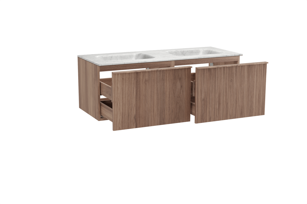 Balmani Forma zwevend badkamermeubel 135 x 55 cm teak met Tablo Arcato dubbele wastafel in marmer carrara, Verticale symmetrische rechte ribbel