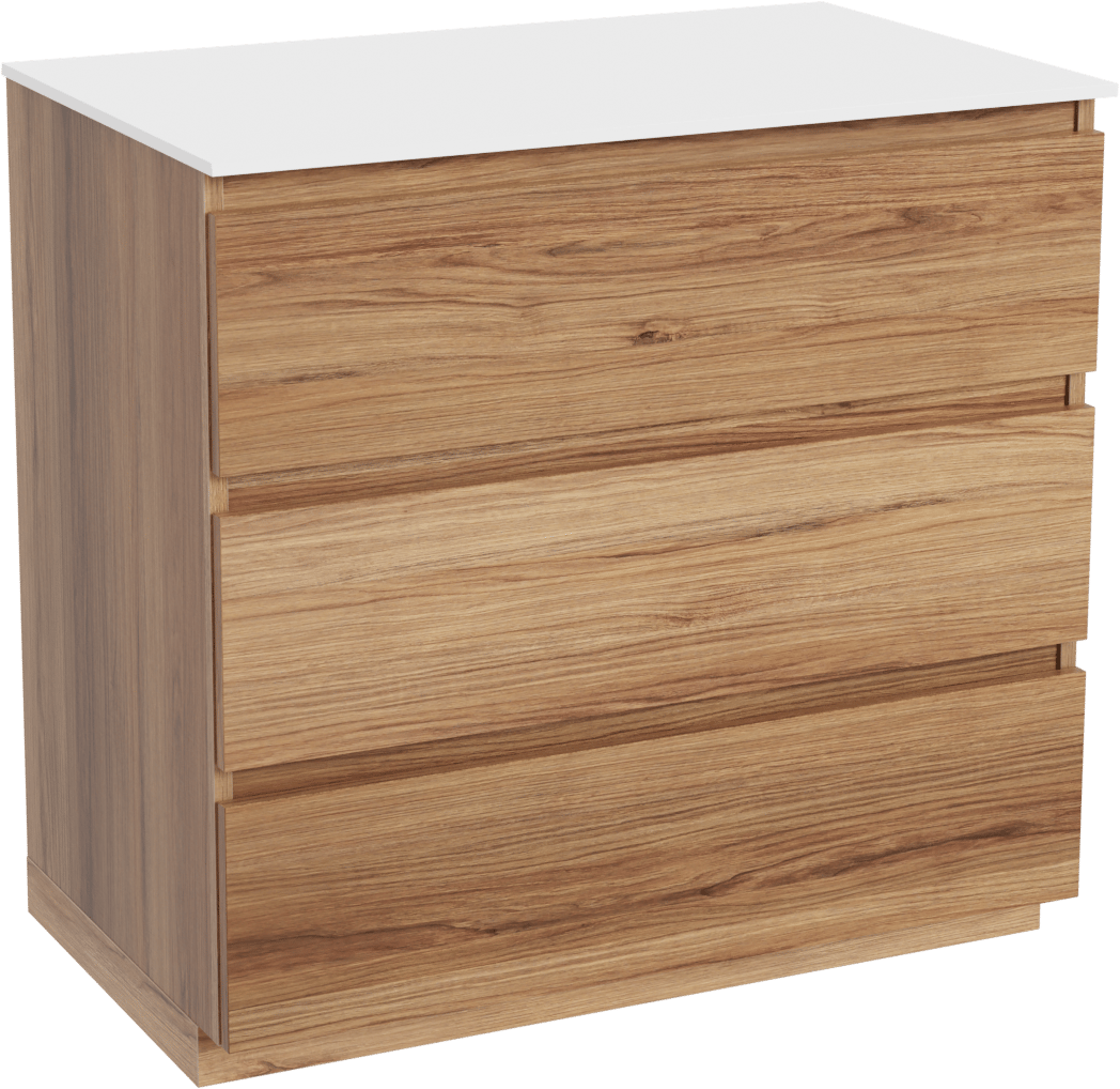 Balmani Lucida staand badkamermeubel 90 x 55 cm teak met Stretto enkel tablet in solid surface mat wit