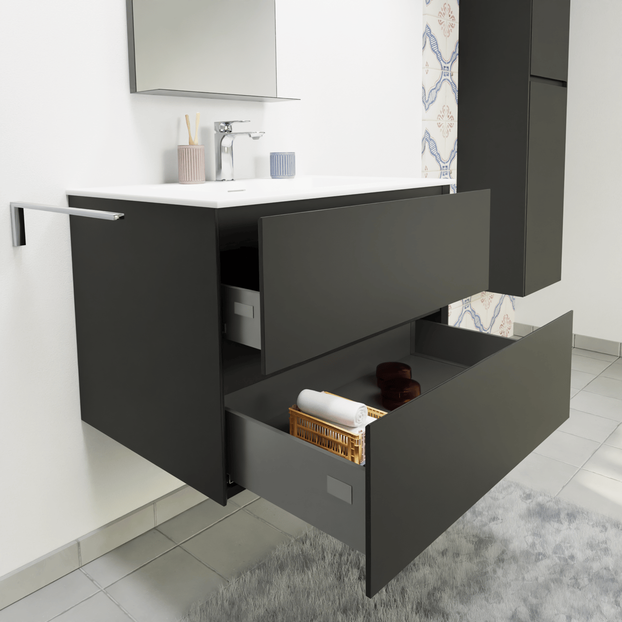 Storke Edge meuble salle de bains suspendu 75 x 52 cm noir mat avec Mata plan simple en solid surface blanc mat