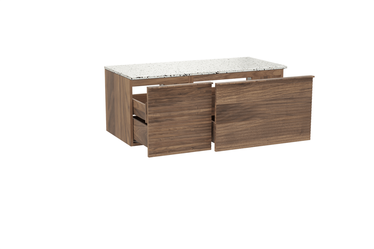 Balmani Forma zwevend badkamermeubel 120 x 55 cm amerikaanse notelaar met Stretto enkel of dubbel tablet in mat wit/zwart terrazzo, Horizontale symmetrische rechte ribbel