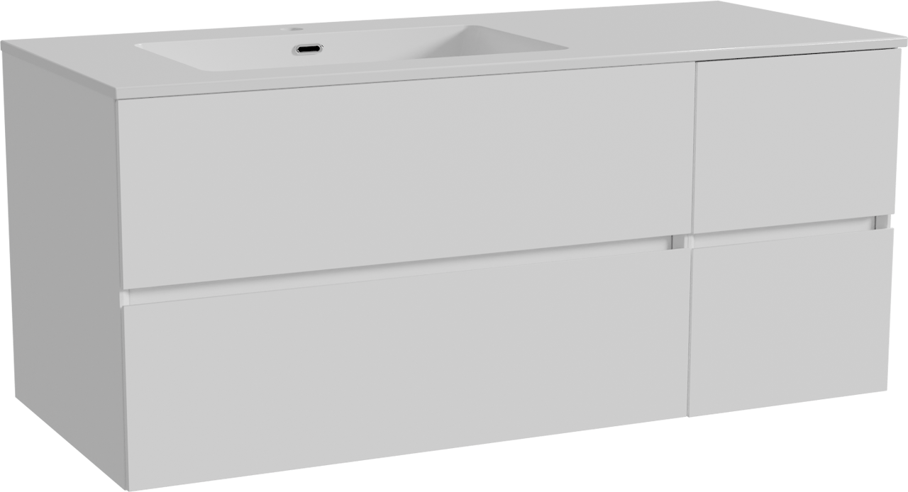 Storke Edge meuble salle de bains suspendu 120 x 52 cm blanc mat avec Diva plan vasque asymétrique à gauche en marbre composite blanc brillant