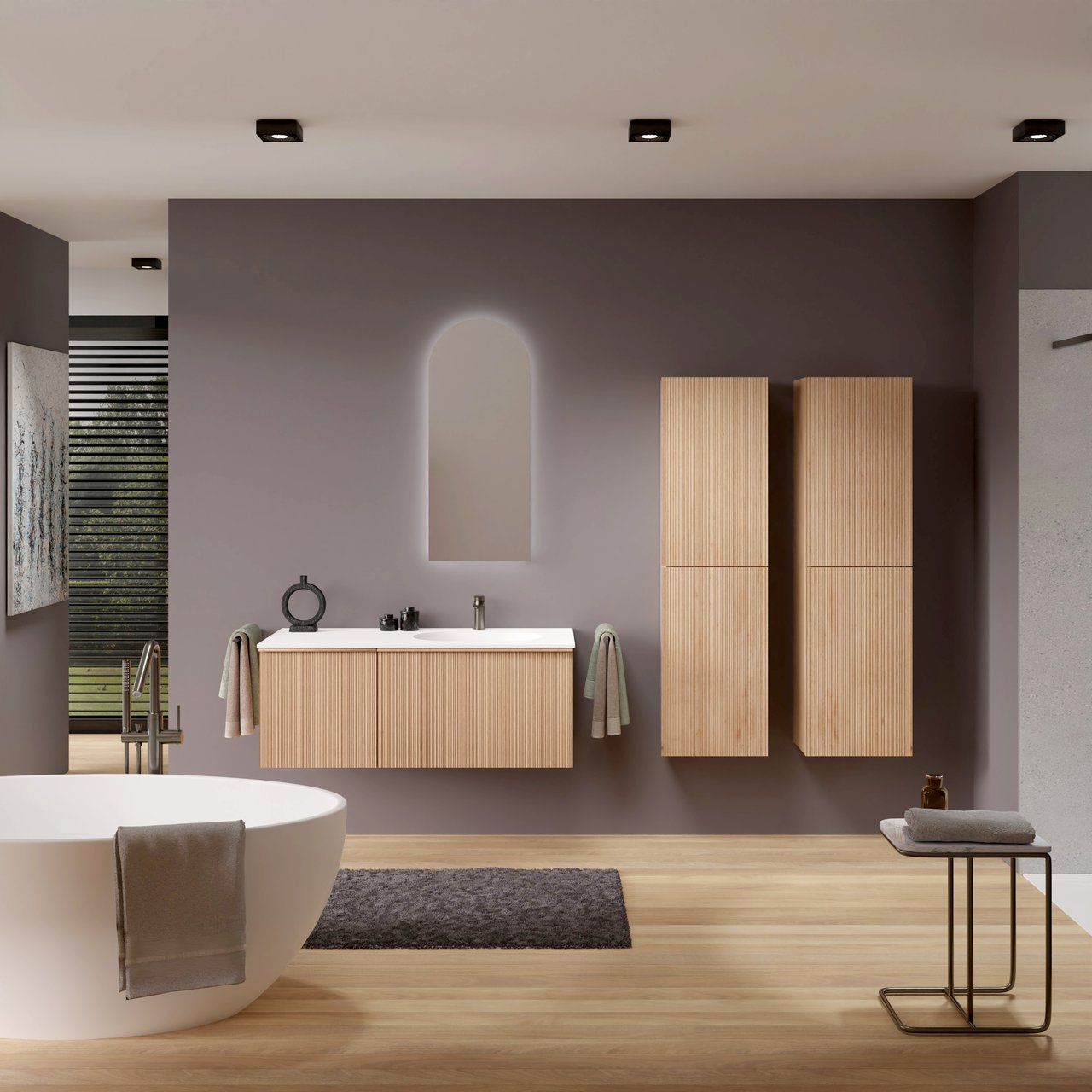 Balmani Forma zwevend badmeubel 120 x 55 cm naturel eiken met Tablo Oval asymmetrisch rechtse wastafel in solid surface mat wit, Verticale asymmetrische ronde ribbel