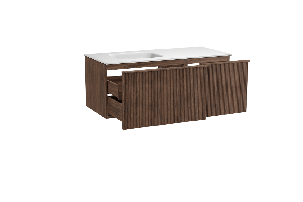 Balmani Forma hängendes Möbelstück Set: 120 x 55 cm, Amerikanischer Nussbaum, mit Tablo Arcato Waschtisch links, Solid Surface, Weiß matt, Vertikale symmetrische gerade Rippe