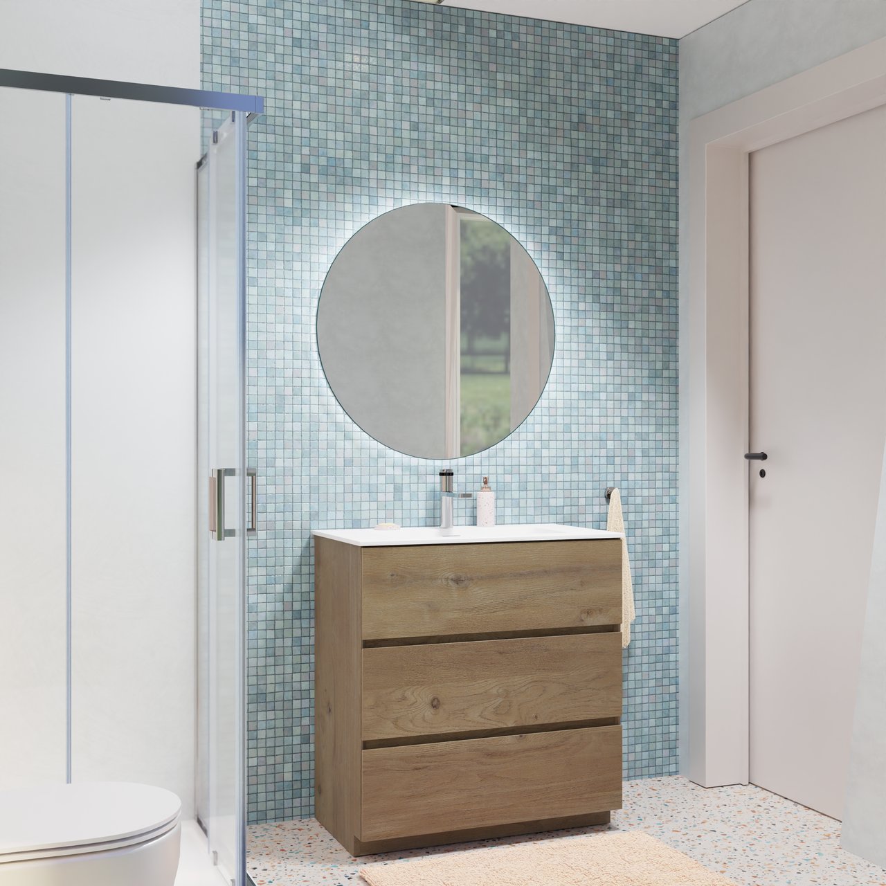 Storke Edge staand badkamermeubel 80 x 46 cm ruwe eik met Mata enkele wastafel in solid surface mat wit