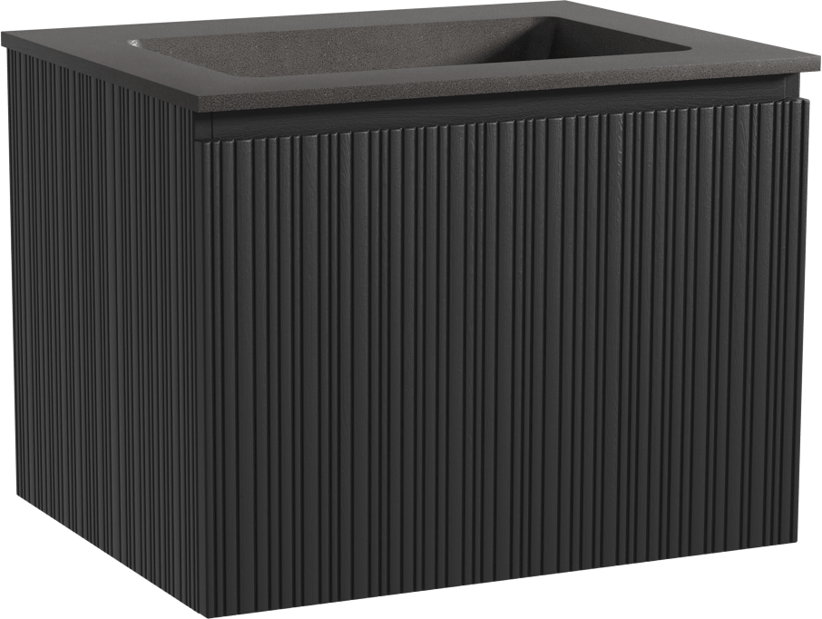 Storke Ribs zwevend badkamermeubel 65 x 52 cm zwarte eik met Scuro enkele wastafel in kwarts mat zwart, Verticale asymmetrische rechte ribbel