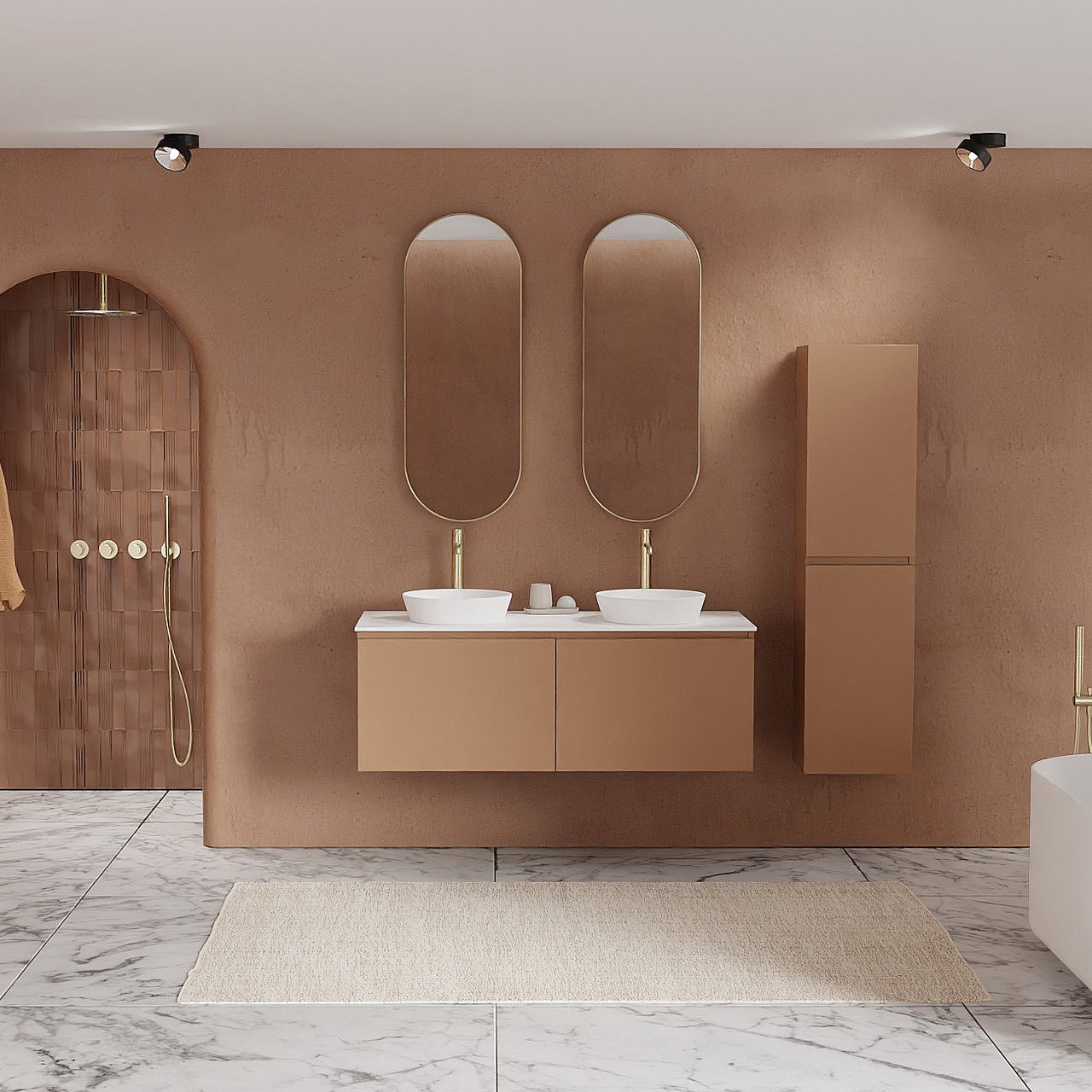 Balmani Sfera by Lucida meuble salle de bains suspendu 135 x 55 cm cotto avec Stretto tablette simple ou double en solid surface blanc mat