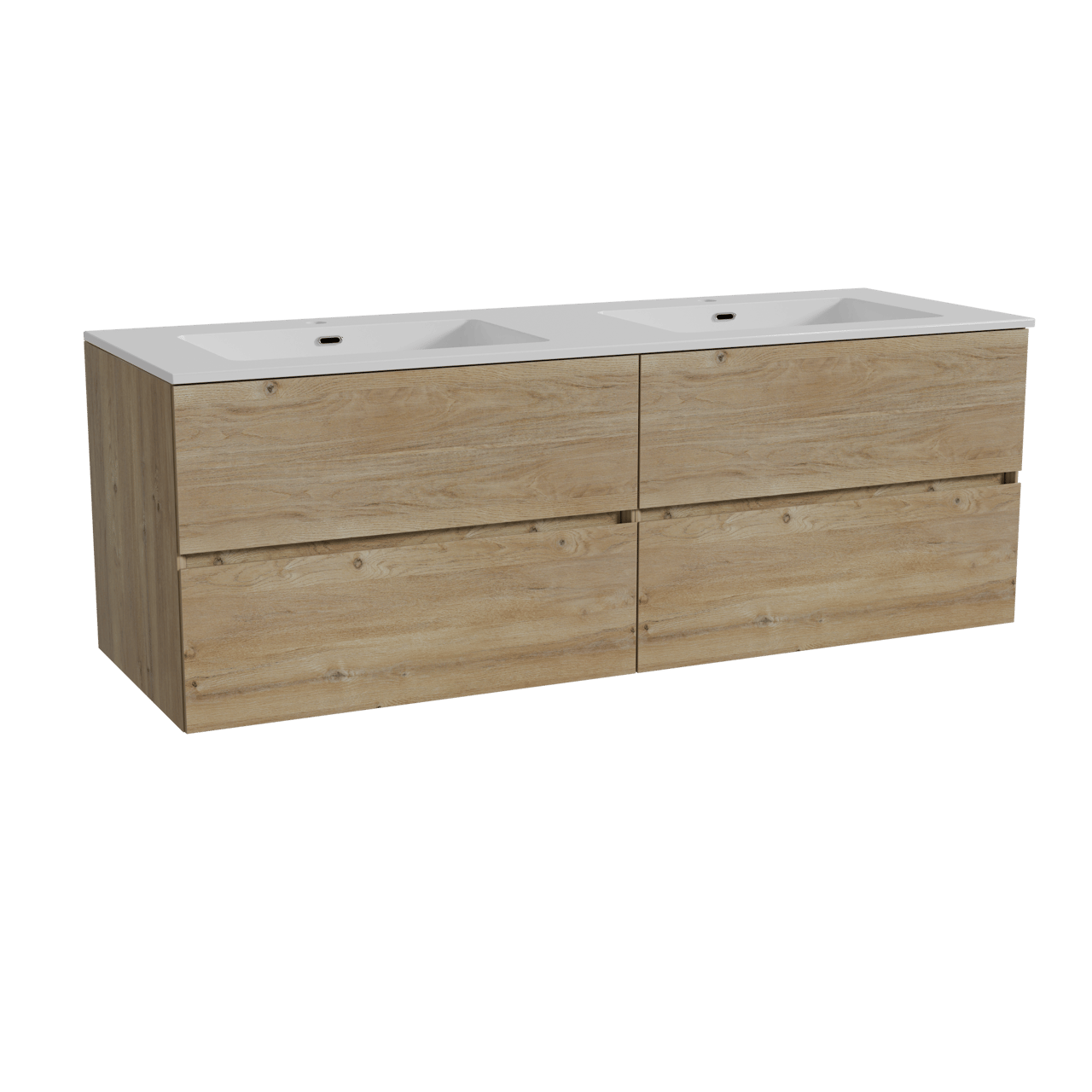 Storke Edge zwevend badmeubel 150 x 52 cm ruw eiken met Diva dubbele wastafel in composietmarmer hoogglans wit