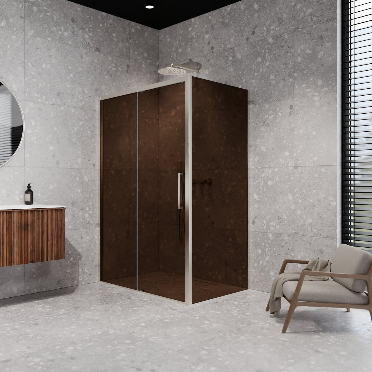 Balmani Senses Design douchehoek met linkse schuifdeur en vaste zijwand, 160 x 90 cm, Brons, Brushed CoolMetal profielen