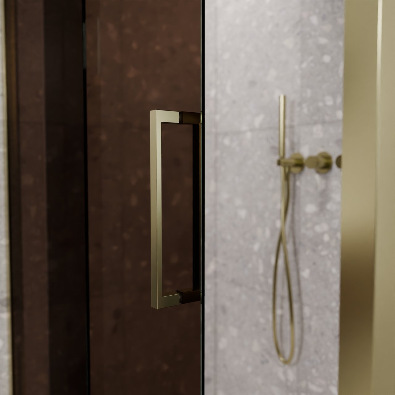 Balmani Senses Design douchehoek met linkse schuifdeur en vaste zijwand, 120 x 90 cm, Brons, Brushed Champagne Gold profielen