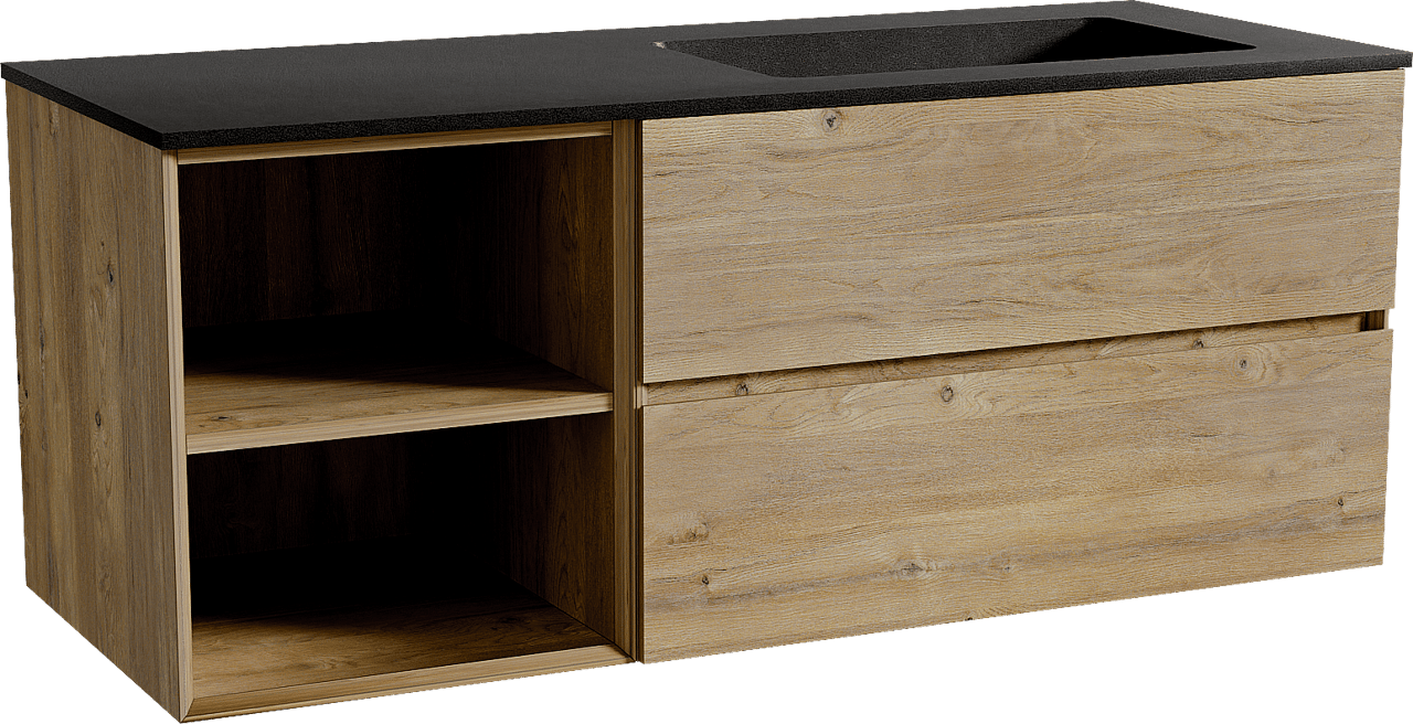 Storke Edge meuble salle de bains suspendu 130 x 52 cm chêne brut avec Scuro plan vasque asymétrique à droite en quartz noir mat