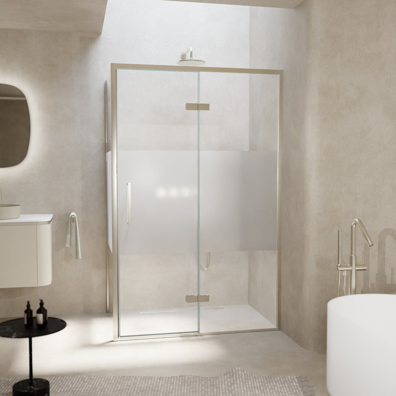 Balmani Senses Design douche en coin avec porte pivotante à droite et paroi latérale fixe, 120 x 90 cm, Verre transparent avec bande matte, Profil Brushed CoolMetal