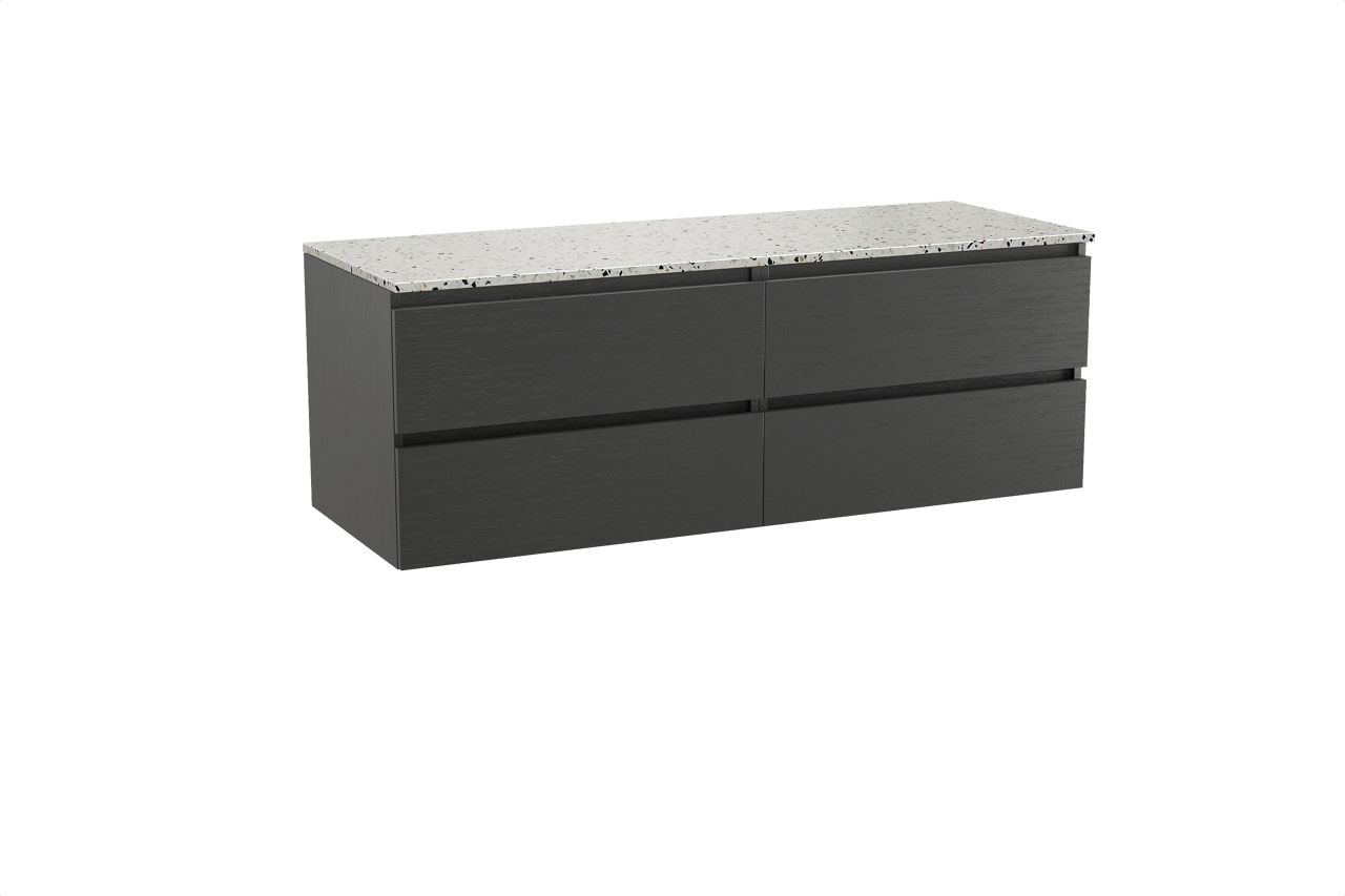 Balmani Lucida meuble salle de bains suspendu 150 x 55 cm chêne noir avec Stretto tablette simple ou double en blanc/noir mat terrazzo