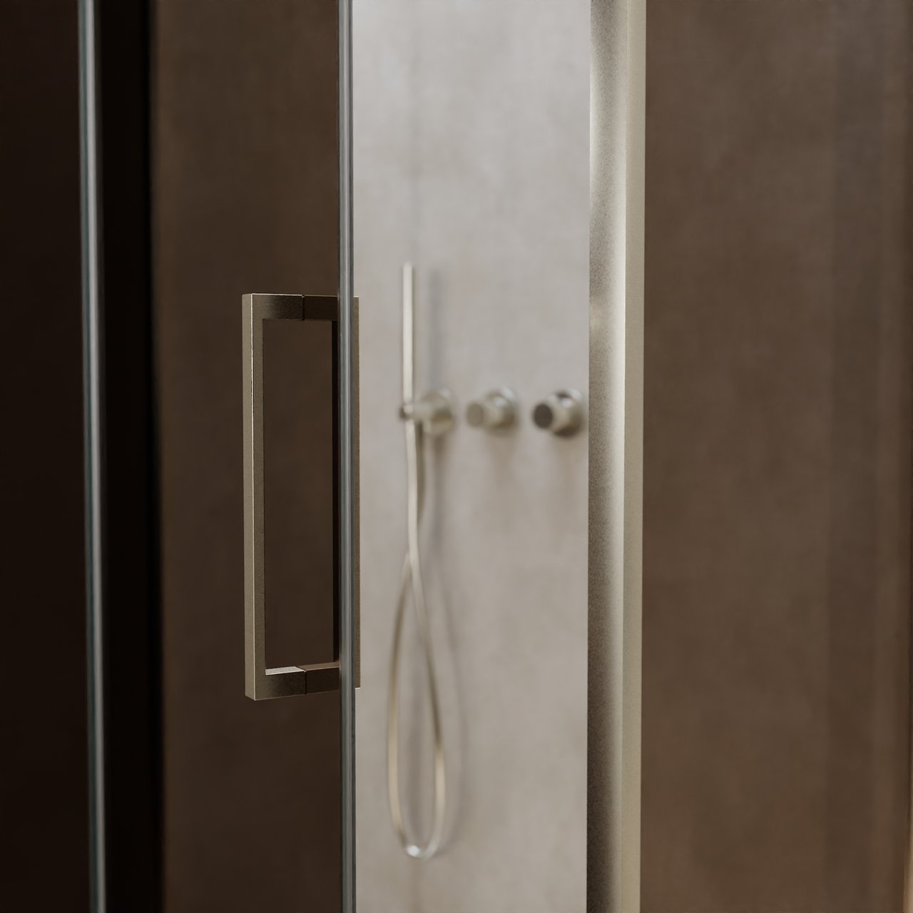 Balmani Senses Design douche en coin avec porte pivotante à gauche et paroi latérale fixe, 100 x 100 cm, Bronze, Profil Brushed CoolMetal, coating inclus