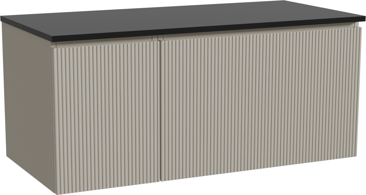 Storke Ribs zwevend badmeubel 110 x 52 cm zijdegrijs met Panton enkel wastafelblad in gepoedercoate mdf mat zwart, Verticale symmetrische rechte ribbel