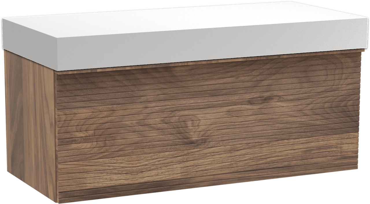 Balmani Forma hängendes Möbelstück Set: 120 x 55 cm, Amerikanischer Nussbaum, mit Dominus Einzel- oder Doppel Waschtischplatte, Solid Surface, Weiß matt, Horizontale symmetrische gerade Rippe