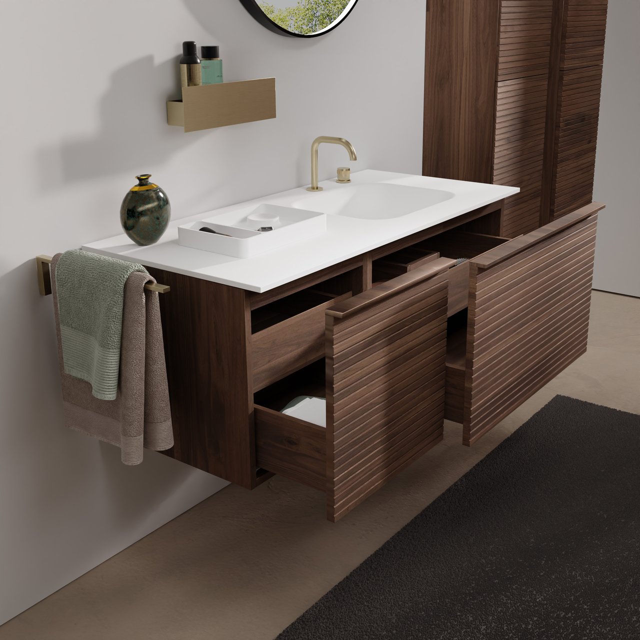 Balmani Forma zwevend badkamermeubel 120 x 55 cm amerikaanse notelaar met Tablo Arcato asymmetrisch rechtse wastafel in solid surface mat wit, Horizontale symmetrische rechte ribbel