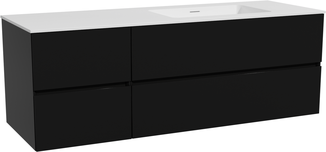 Storke Edge zwevend badkamermeubel 150 x 52 cm mat zwart met Mata asymmetrisch rechtse wastafel in solid surface mat wit