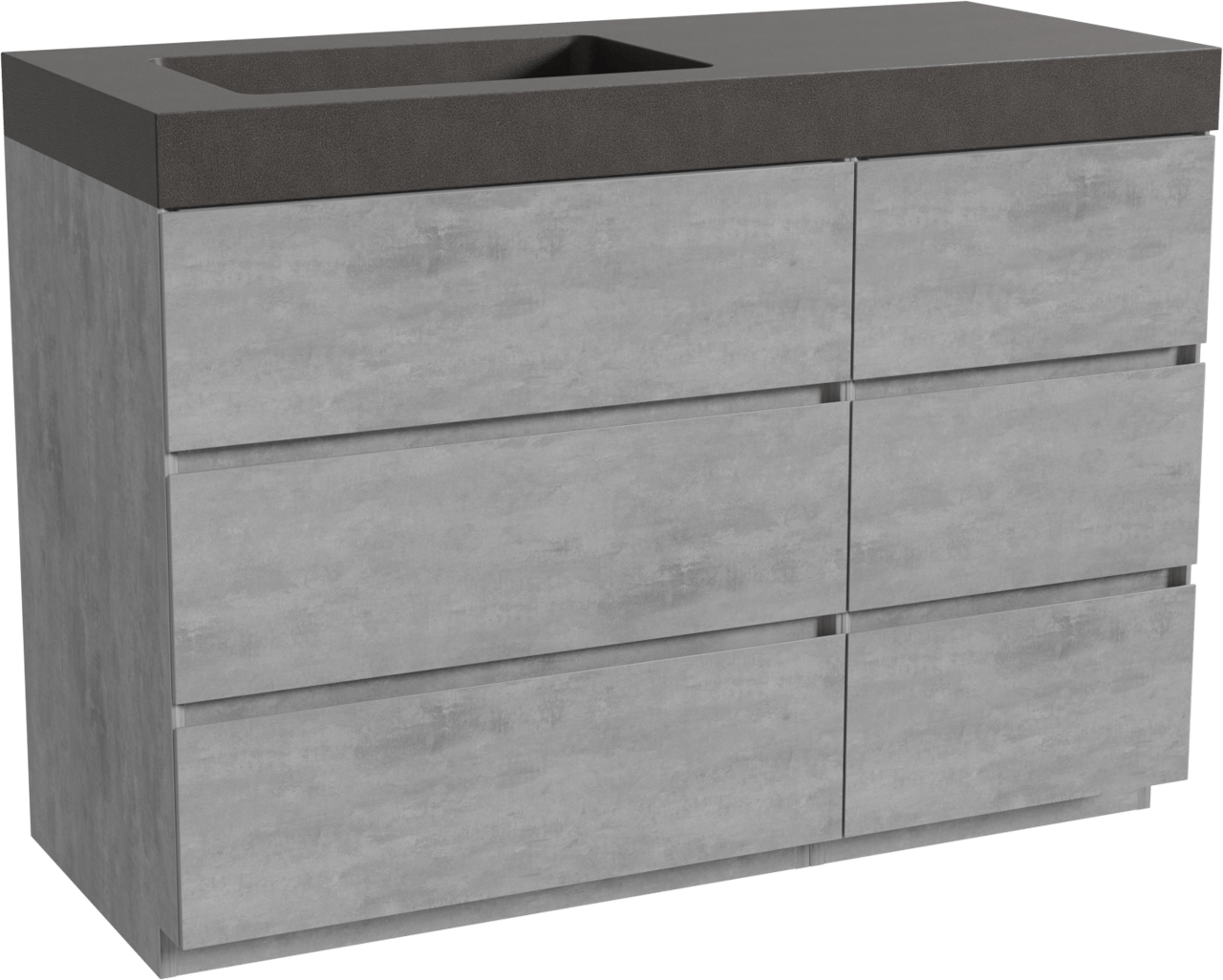 Storke Edge staand badkamermeubel 120 x 52 cm beton donkergrijs met Scuro High asymmetrisch linkse wastafel in kwarts mat zwart