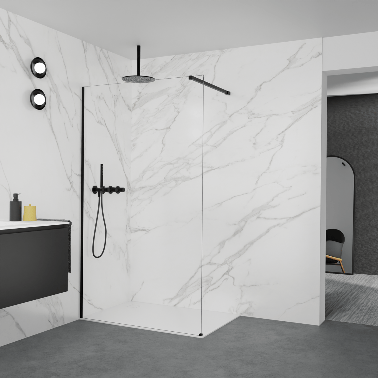 Balmani Modular douche à l'italienne: 120 x 200 cm, Verre transparent, avec coating, Profil Noir mat