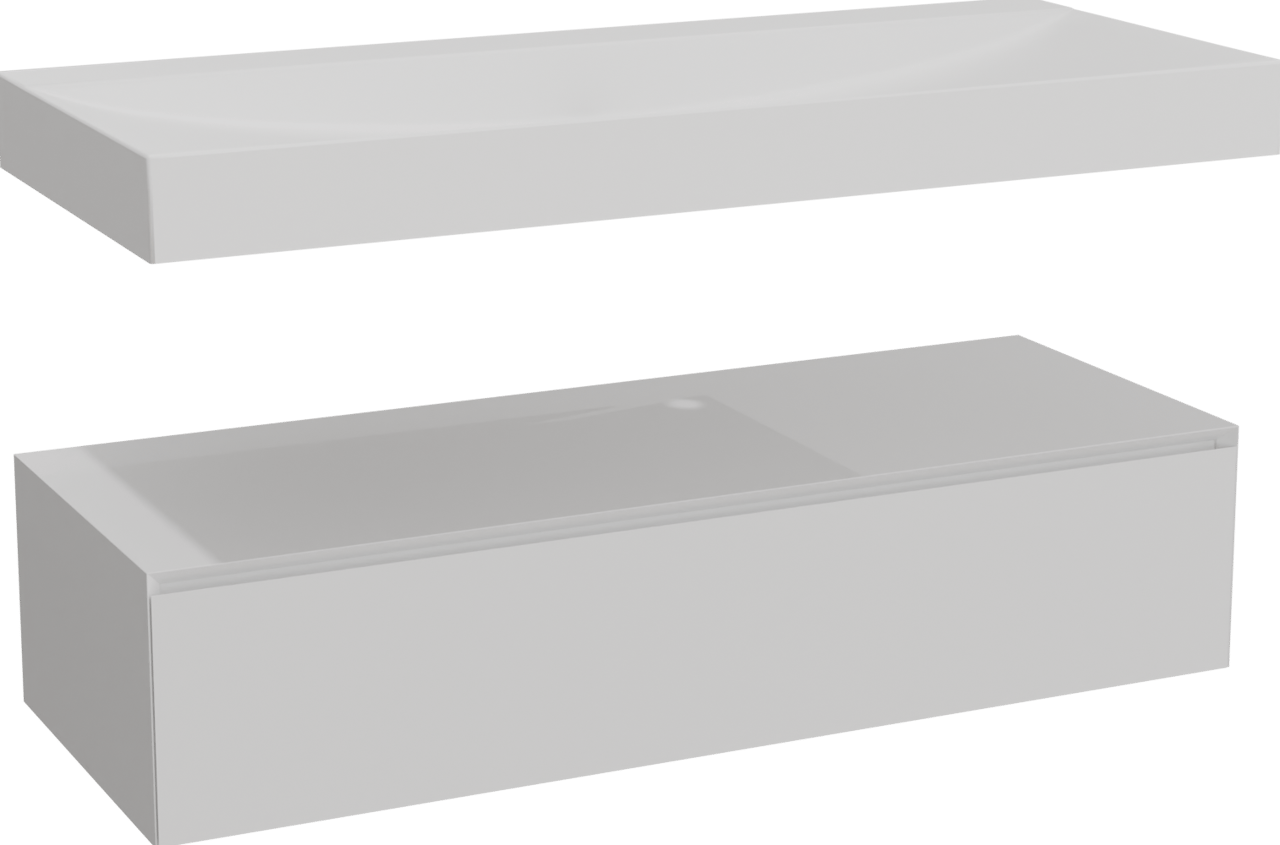 Balmani Mitra Elements zwevend badkamermeubel 135 x 55 cm mat wit met Wave enkele wastafel voor 2 kraangaten in solid surface mat wit