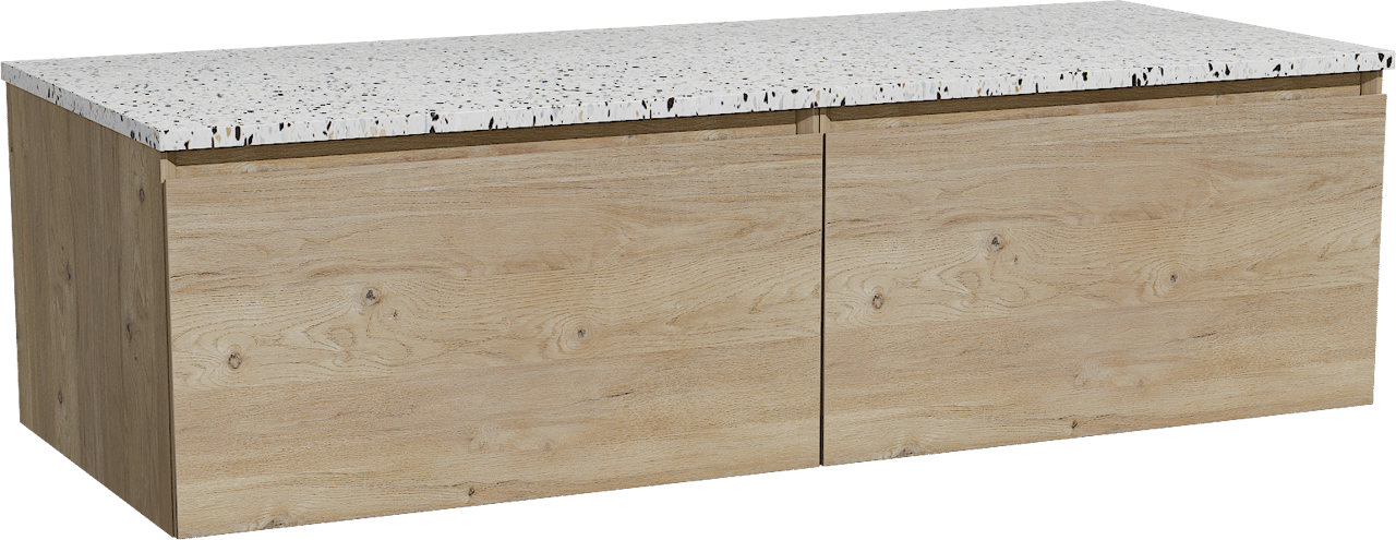 Storke Edge zwevend badkamermeubel 130 x 52 cm ruwe eik met Tavola enkel of dubbel tablet in mat wit/zwart terrazzo