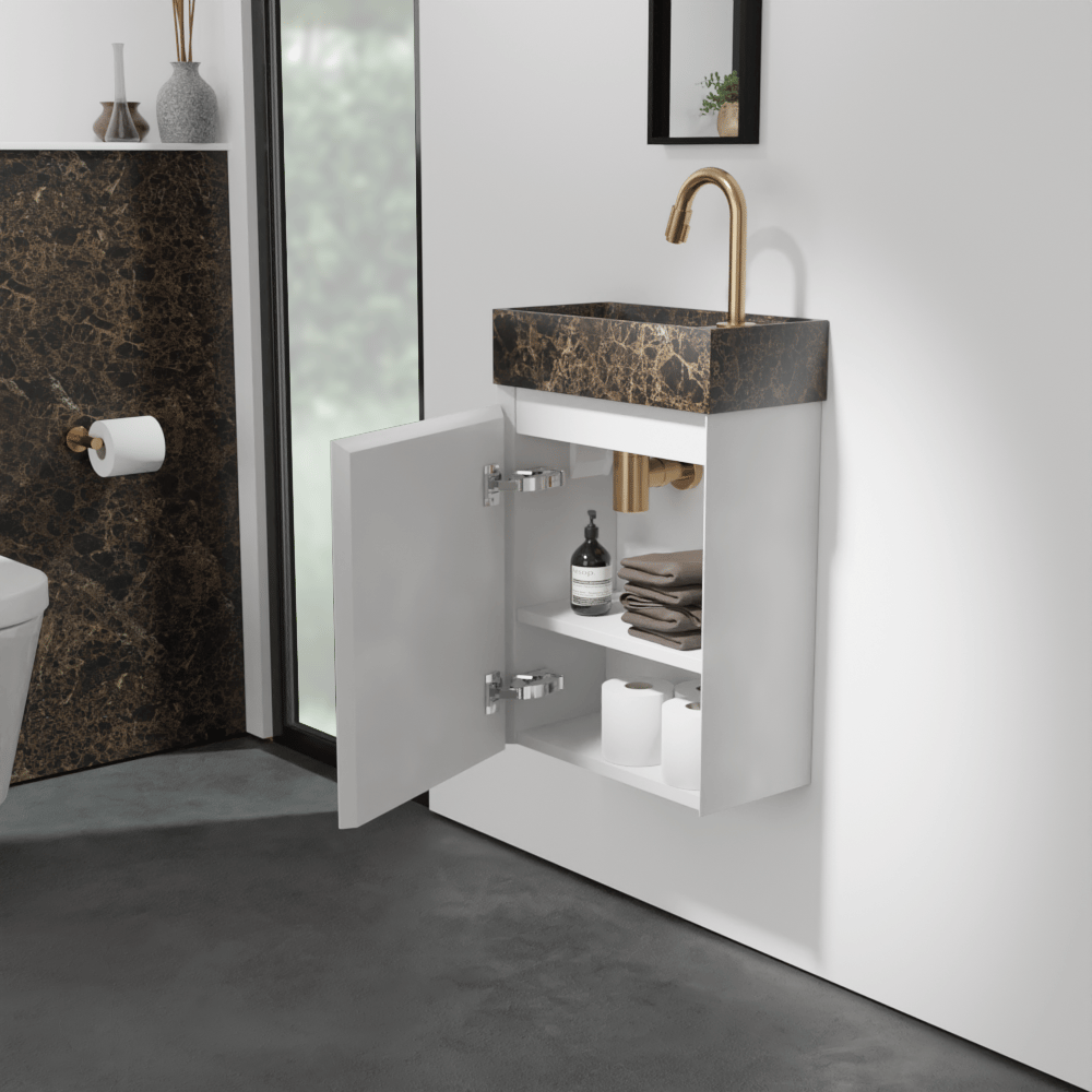 Balmani Mitra meuble wc suspendu 42 x 21 cm blanc mat avec Dama plan vasque en marbre Dark Emperador