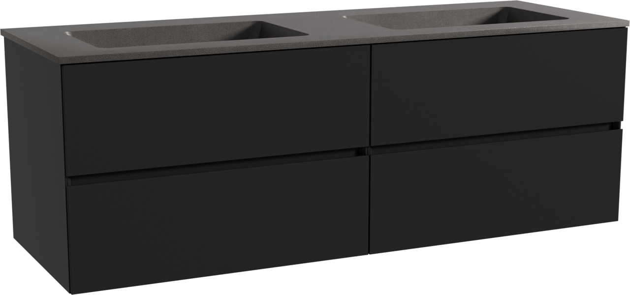 Storke Edge zwevend badkamermeubel 150 x 52 cm mat zwart met Scuro dubbele wastafel in kwarts mat zwart