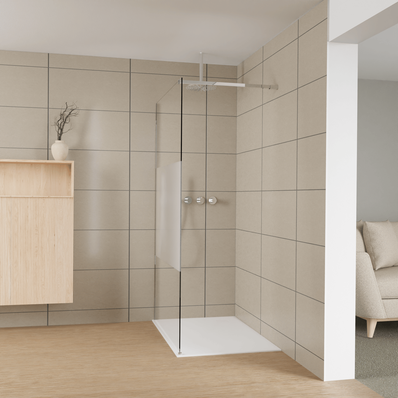 Balmani Modular douche à l'italienne: 120 x 200 cm, Verre transparent avec bande mate, Profil Chrome brillant