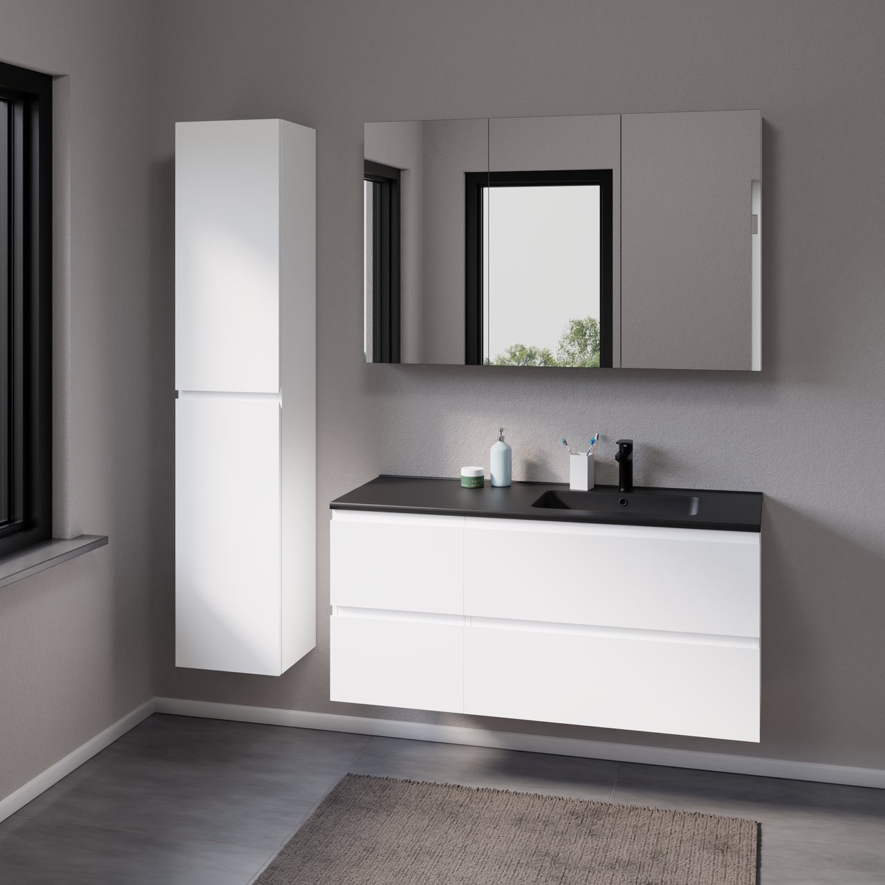 Linie Vano vasque asymétrique droite marbre composite Noir Mat 120 x 46 cm