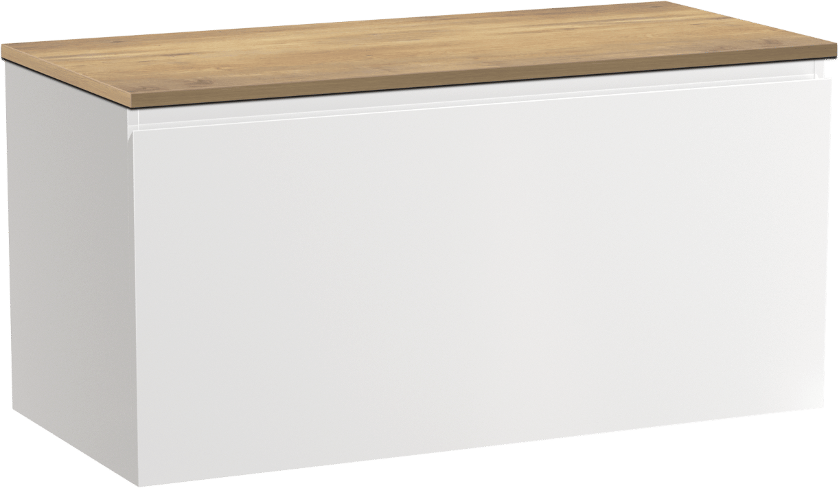 Linie Lado hängendes Möbelstück Set: 100 x 46 cm, Weiß glänzend, mit Lado Einzel- oder Doppel Waschtischplatte, Melamin Naturbelassene Eiche