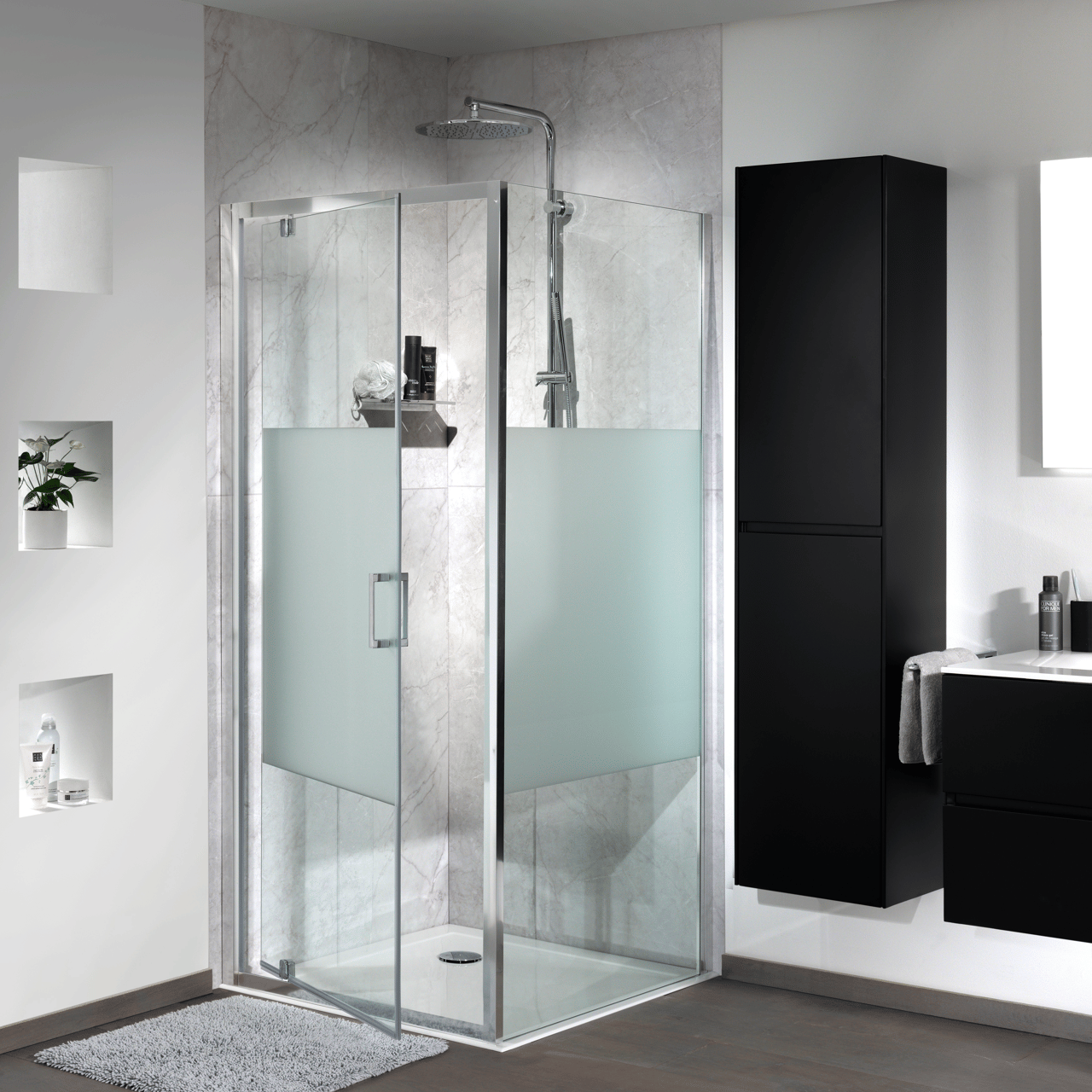 Luca Varess Vidor paroi de douche avec porte pivotante et paroi latérale fixe 90 x 90 cm verre transparent avec bande matte profil chrome brillant