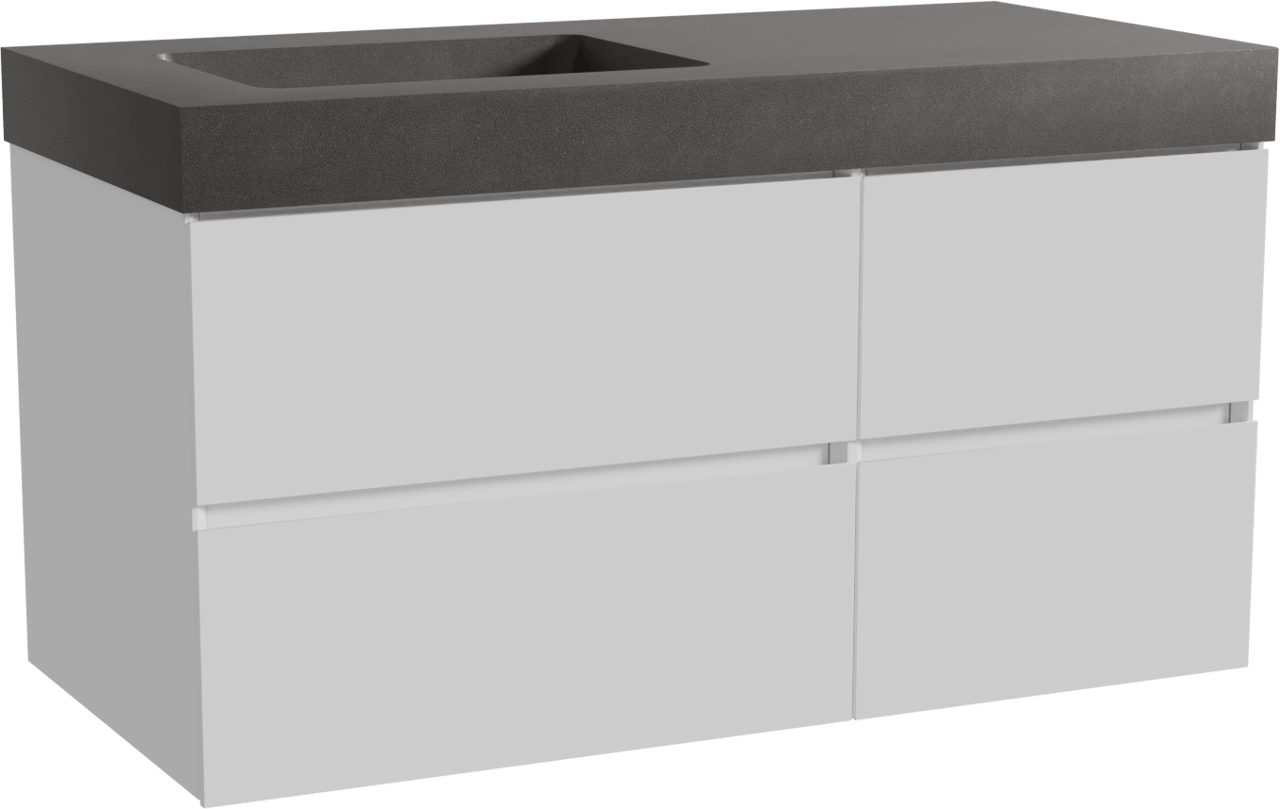 Storke Edge zwevend badkamermeubel 110 x 52 cm glanzend wit met Scuro High asymmetrisch linkse wastafel in kwarts mat zwart