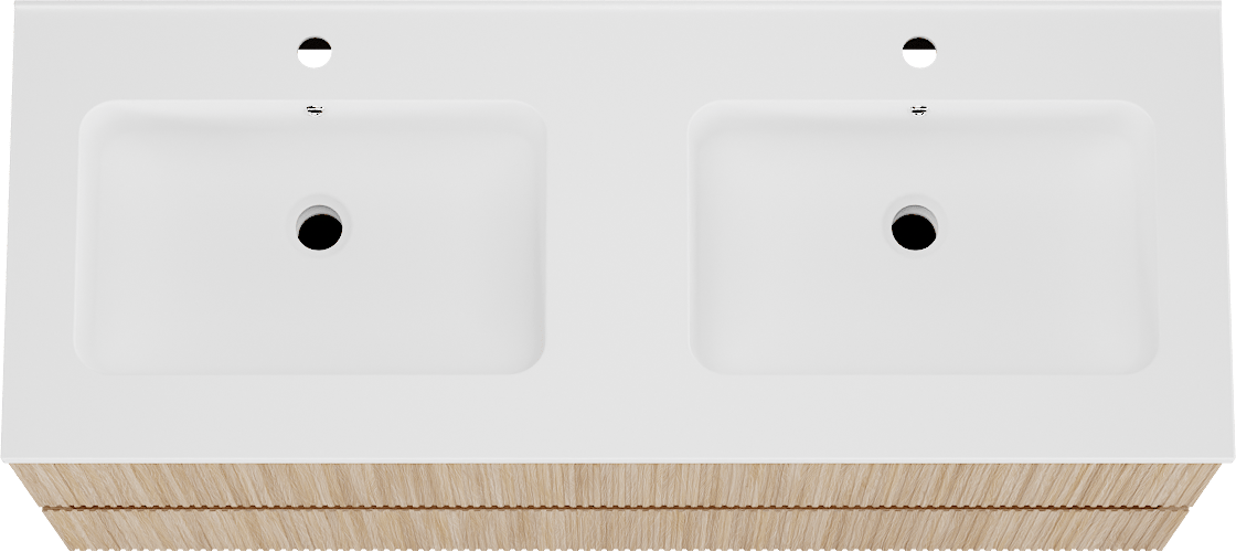 Linie Lado Ribs meuble salle de bains suspendu 120 x 46 cm chêne naturel avec Vano double vasque en marbre composite blanc mat, Nervure droite symétrique verticale