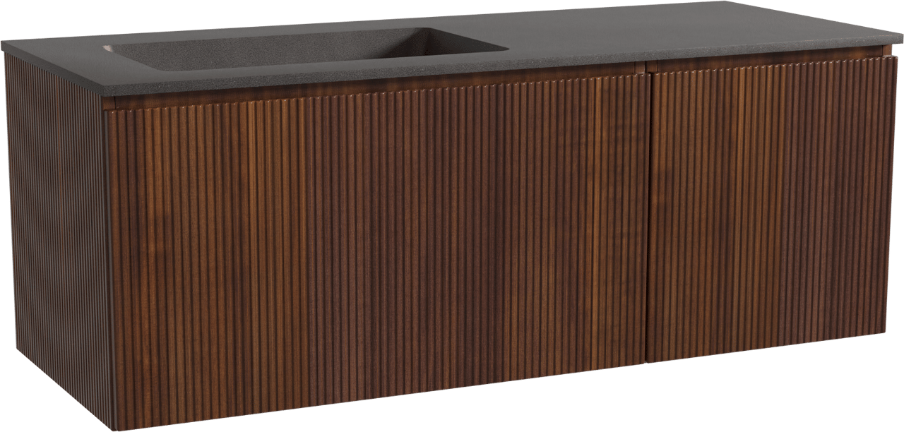 Storke Ribs zwevend badmeubel 130 x 52 cm notenhout met Scuro asymmetrisch linkse wastafel in kwarts mat zwart, Verticale symmetrische rechte ribbel
