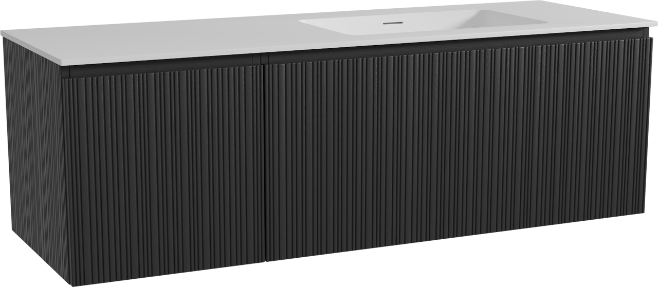 Storke Ribs hängendes Möbelstück Set: 150 x 52 cm, Schwarze Eiche, mit Mata Waschtisch rechts, Solid Surface, Weiß matt, Vertikale asymmetrische gerade Rippe