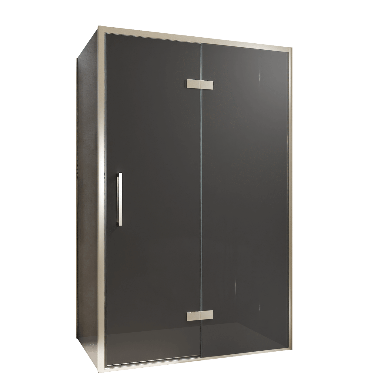 Balmani Senses Design Eckdusche: Drehtür (Rechts) mit fixierte Seitenwand, 120 x 90 cm, Rauchglas, Profil Brushed CoolMetal, inklusive Coating