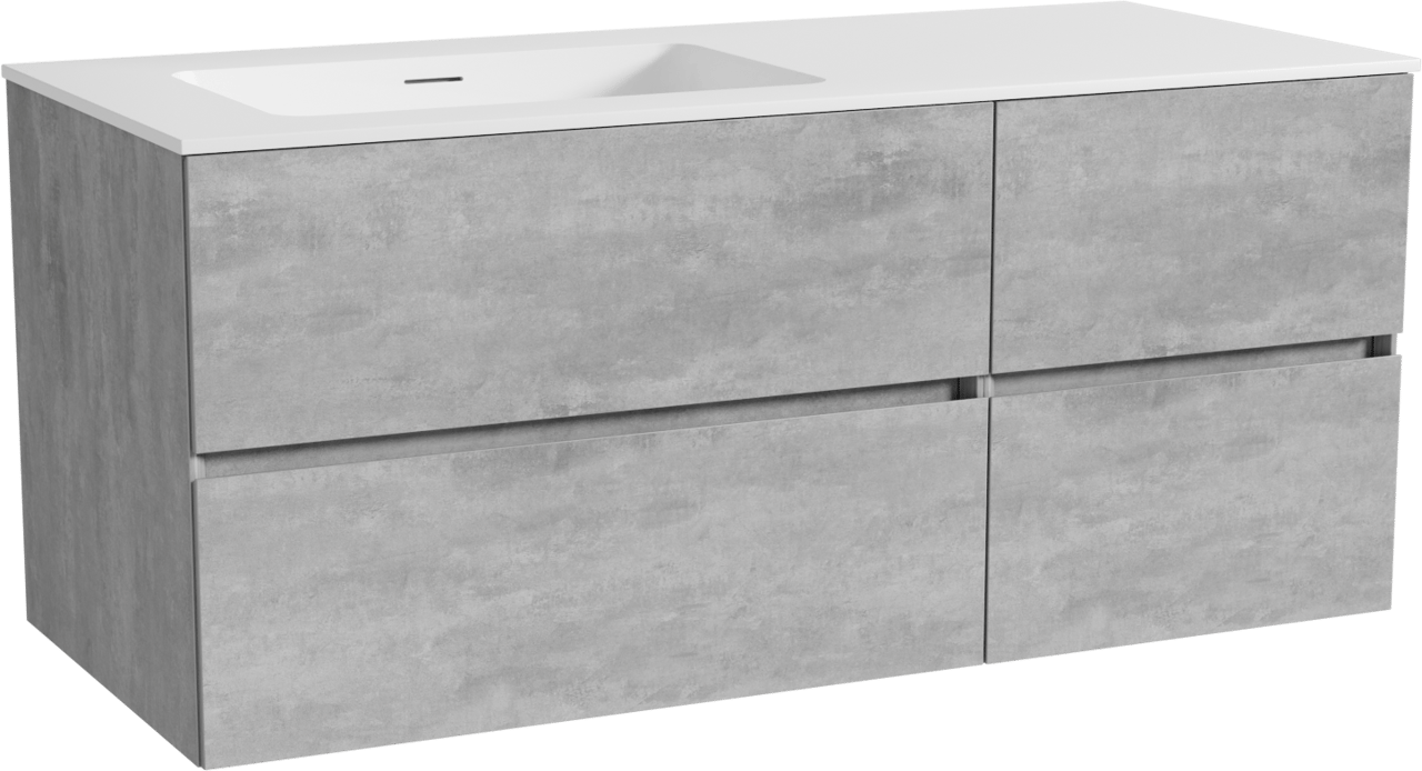Storke Edge zwevend badkamermeubel 120 x 52 cm beton donkergrijs met Mata asymmetrisch linkse wastafel in solid surface mat wit
