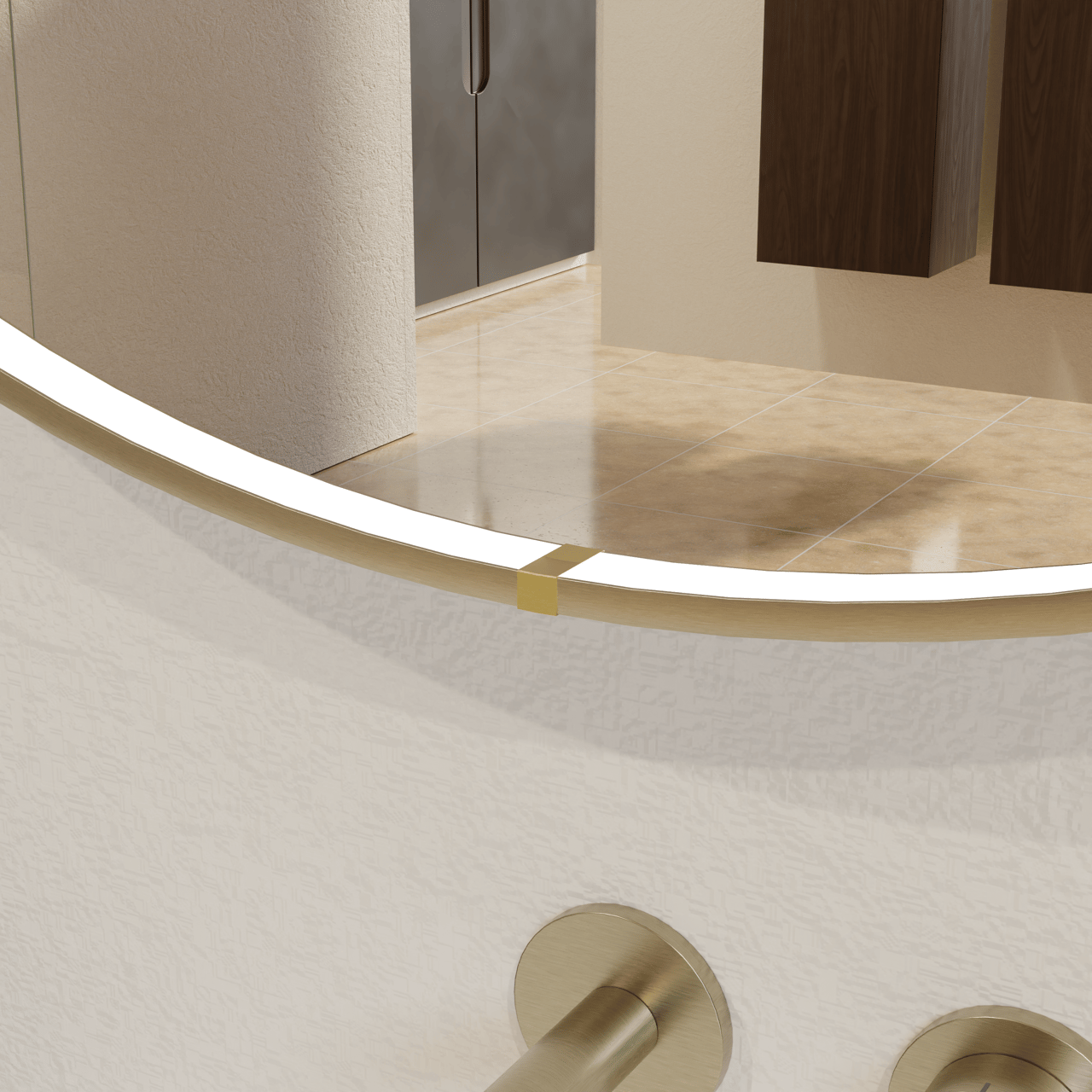 Balmani Secret rund Brushed Champagne Gold Badezimmerspiegel Ø 70 cm mit Spiegelbeleuchtung und Anti-Beschlag Spiegelheizung